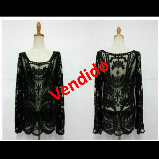 Blusa Renda Manga Longa PRETA Tam G